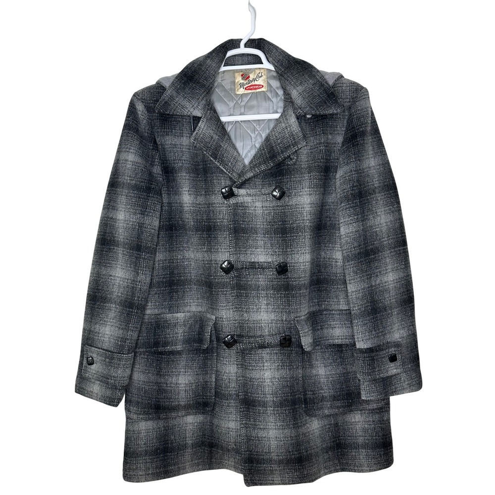 VTG Monterey Club Sportswear Peacoat Men's Large Plaid Double Breasted Wool Gray